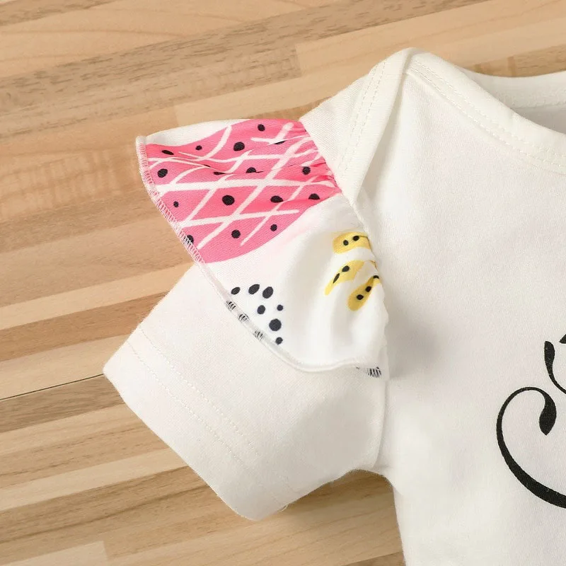 Daddy is my Bestie Letter Print Onesie, Pineapple Bloomer Shorts, Ribbon Headband Short Sleeve for Girls - Image 3