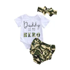 Baby Letter Print Daddy is my Hero Onesie & Camouflage Print Bloomers Short Sleeve & Ribbon Headband 3 pcs