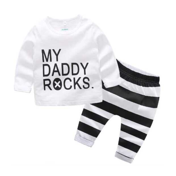 "My Daddy Rocks" Long Sleeves Shirt Black & White Striped Trousers