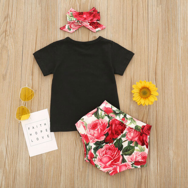 Baby Girl Daddy's Girl Letter Print T-Shirt & Rose Pattern Bloomers Short Sleeve & Ribbon Headband 3 pcs - Image 2