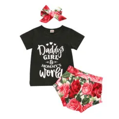 Baby Girl Daddy's Girl Letter Print T-Shirt & Rose Pattern Bloomers Short Sleeve & Ribbon Headband 3 pcs