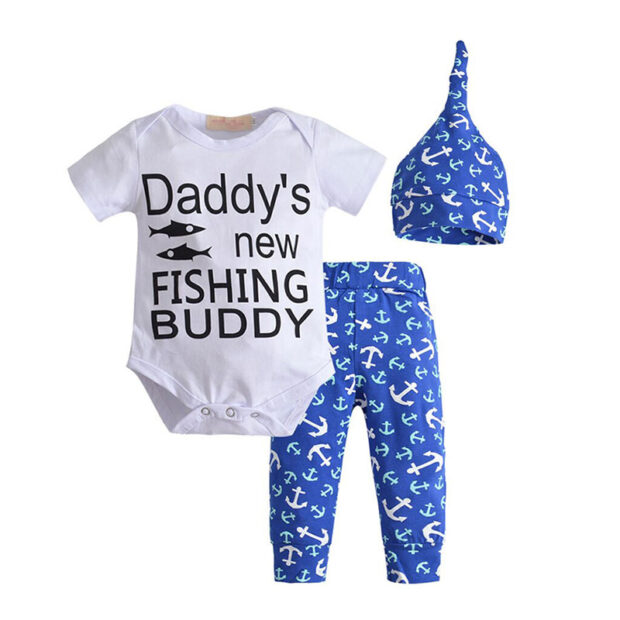 Daddy's New Fishing Buddy Outfit with Onesie, Shorts, Beanie Hat Short Sleeve
