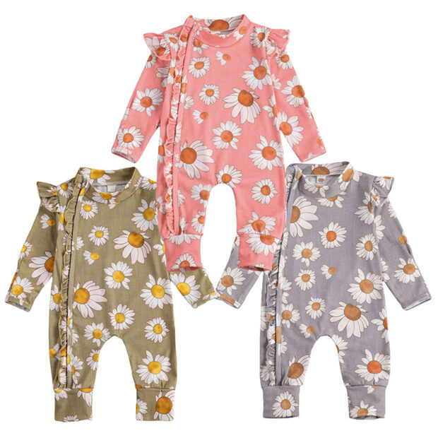 Daisy Pattern Zipper Romper Long Sleeve