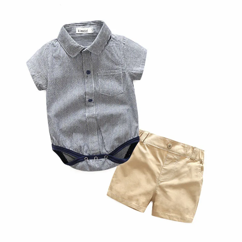 Stripe Collar Shirt Bodysuit with Khaki Shorts