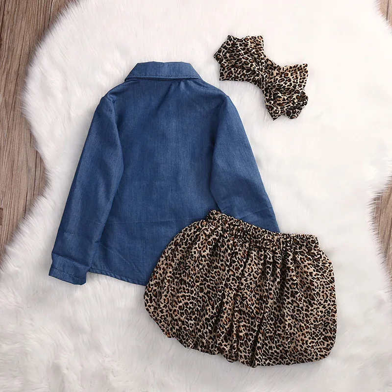 Toddler Girl Denim Button Up Shirt & Leopard Bloomers with Ribbon Headband 3 pcs Set - Image 2