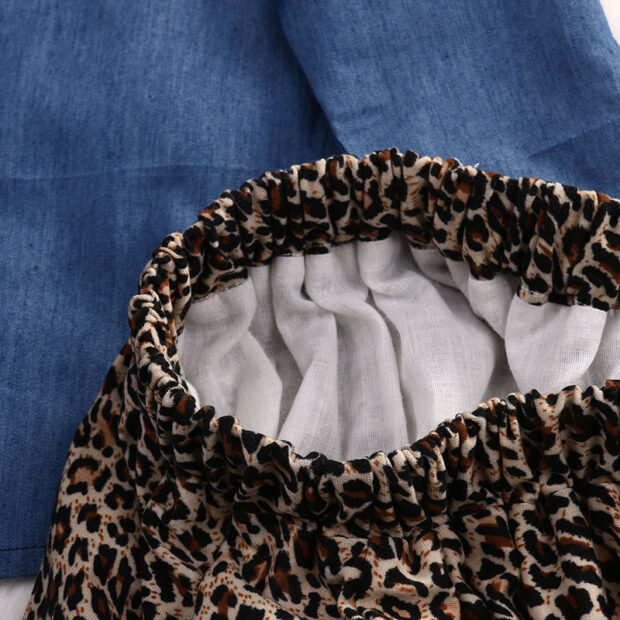 Toddler Girl Denim Button Up Shirt & Leopard Bloomers with Ribbon Headband 3 pcs Set - Image 6