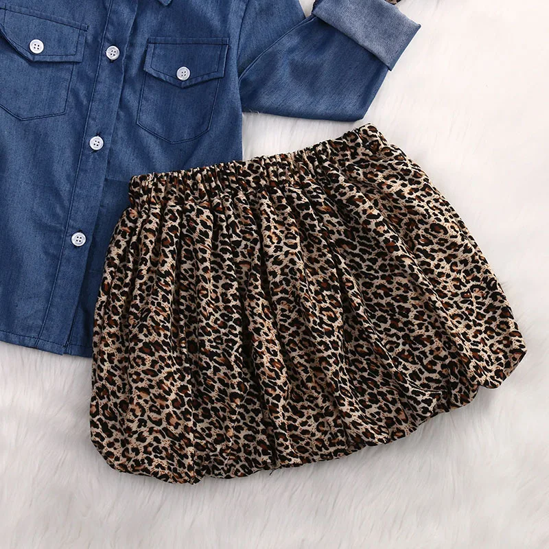 Toddler Girl Denim Button Up Shirt & Leopard Bloomers with Ribbon Headband 3 pcs Set - Image 5