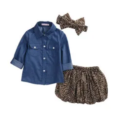 Toddler Girl Denim Button Up Shirt & Leopard Bloomers with Ribbon Headband 3 pcs Set