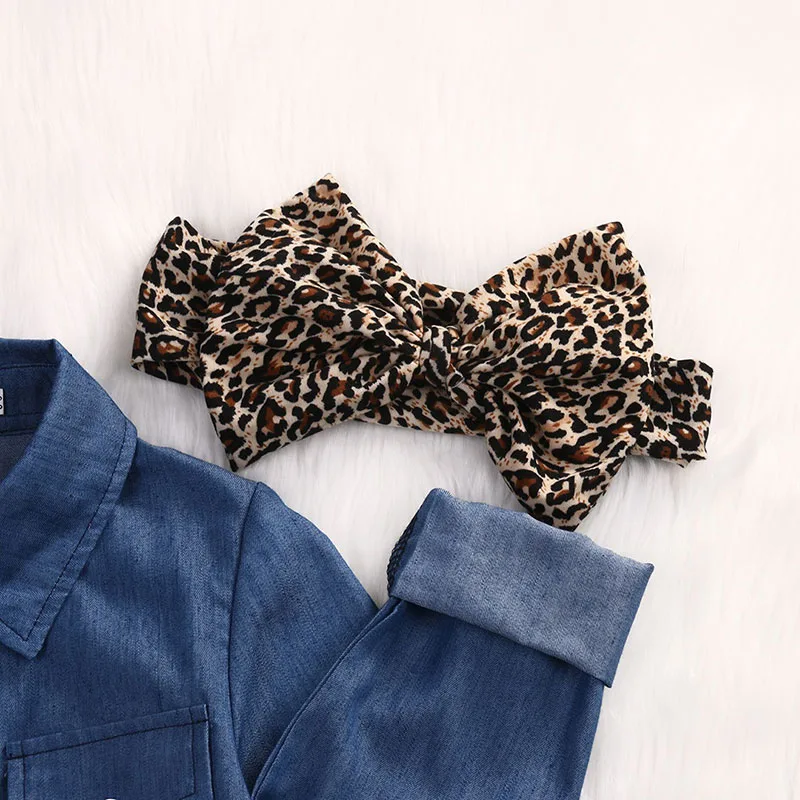 Toddler Girl Denim Button Up Shirt & Leopard Bloomers with Ribbon Headband 3 pcs Set - Image 4