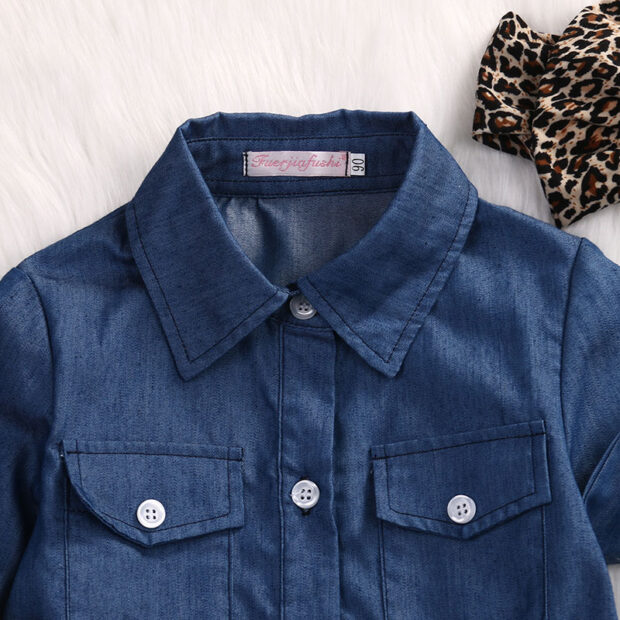 Toddler Girl Denim Button Up Shirt & Leopard Bloomers with Ribbon Headband 3 pcs Set - Image 3