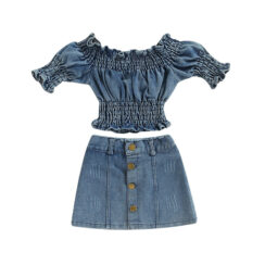 Elastic Denim Crop Top with Matching Button Up Skirt Short Sleeve