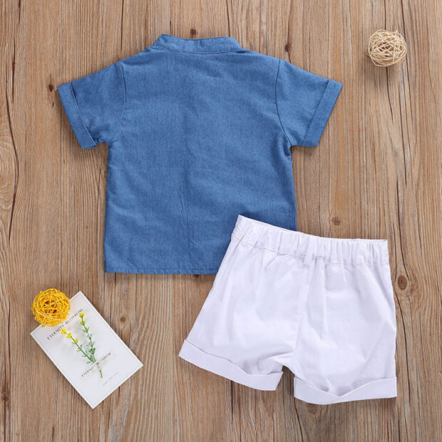 Denim Mandarin Button Up Shirt & Elastic Shorts Short Sleeve - Image 2