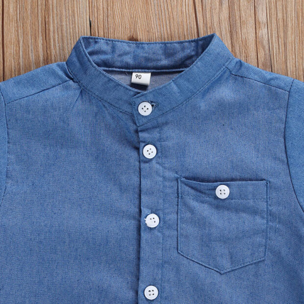 Denim Mandarin Button Up Shirt & Elastic Shorts Short Sleeve - Image 3