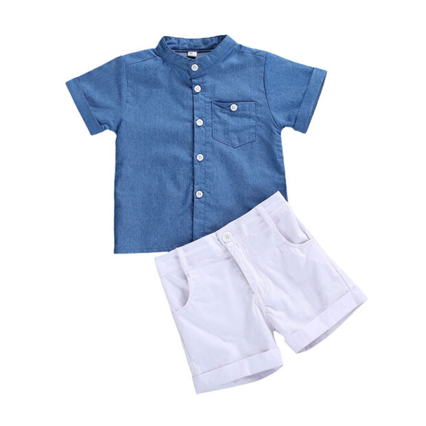 Denim Mandarin Button Up Shirt & Elastic Shorts Short Sleeve
