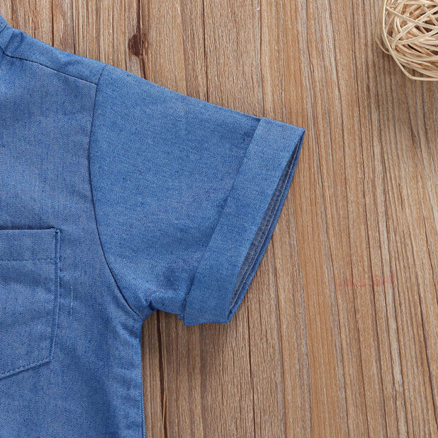 Denim Mandarin Button Up Shirt & Elastic Shorts Short Sleeve - Image 4
