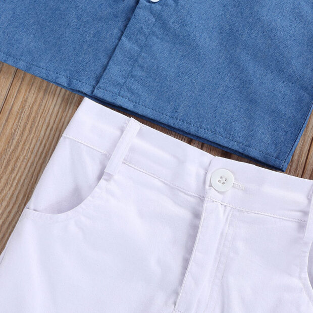 Denim Mandarin Button Up Shirt & Elastic Shorts Short Sleeve - Image 5