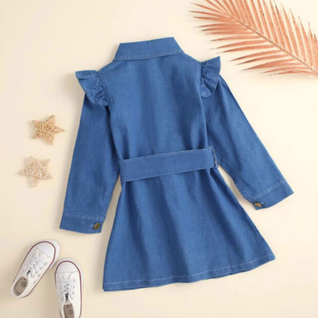 Folded Collar Denim Shirtdress with Ribbon Belt Long Sleeve - Image 2