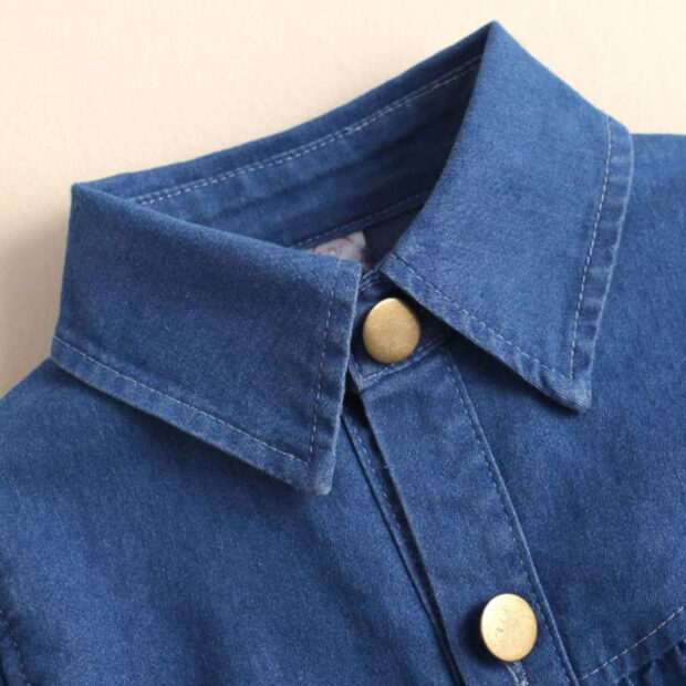 Folded Collar Denim Shirtdress with Ribbon Belt Long Sleeve - Image 3