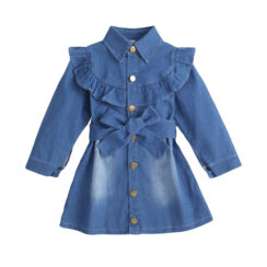 Folded Collar Denim Shirtdress with Ribbon Belt Long Sleeve