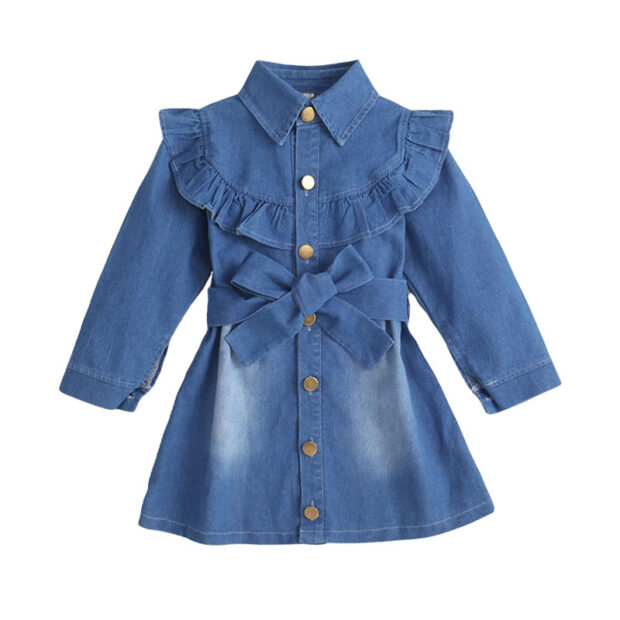 Folded Collar Denim Shirtdress with Ribbon Belt Long Sleeve