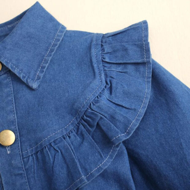 Folded Collar Denim Shirtdress with Ribbon Belt Long Sleeve - Image 4