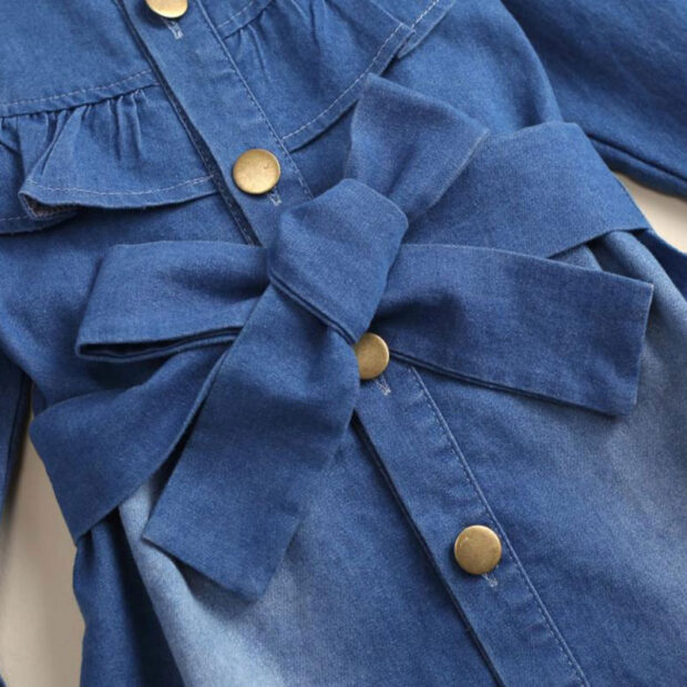 Folded Collar Denim Shirtdress with Ribbon Belt Long Sleeve - Image 5