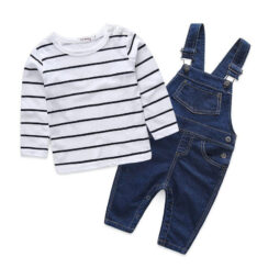 Baby Boy's & Girl's Denim Suspenders Overall and Striped Shirt Long Sleeve