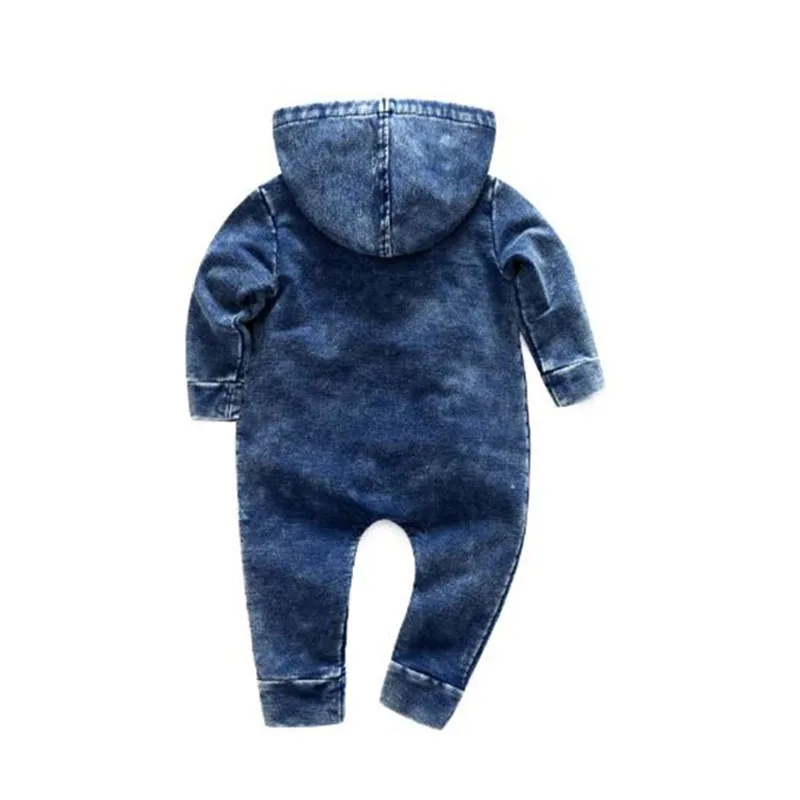 Long Sleeves Denim Hoody Zipper Overall Jumpsuit Outerwear - Image 2