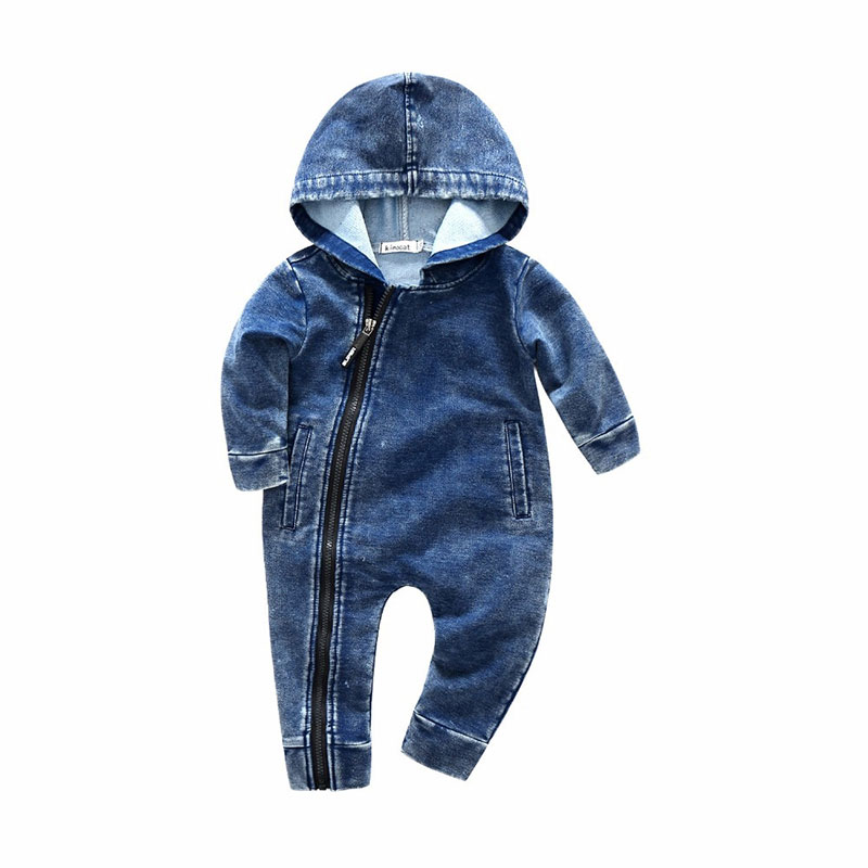 for Baby Infant Boy Hooded Romper Zipped Blue Denim Jumpsuit Long Sleeve 