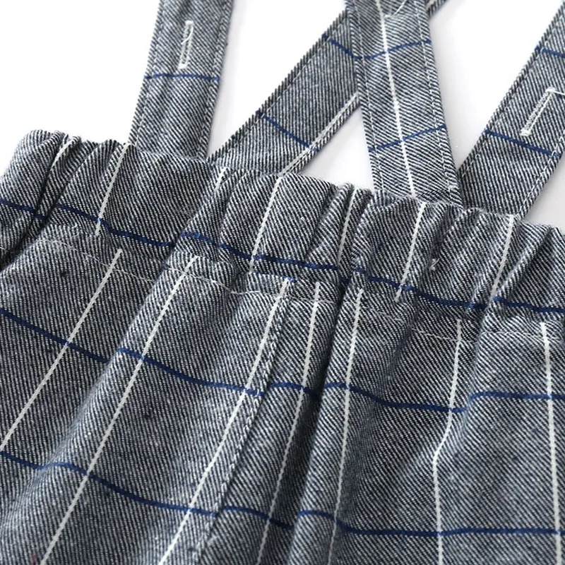 White Collar Shirt Bodysuit with Plaid Suspender Trousers & Bowtie - Image 7