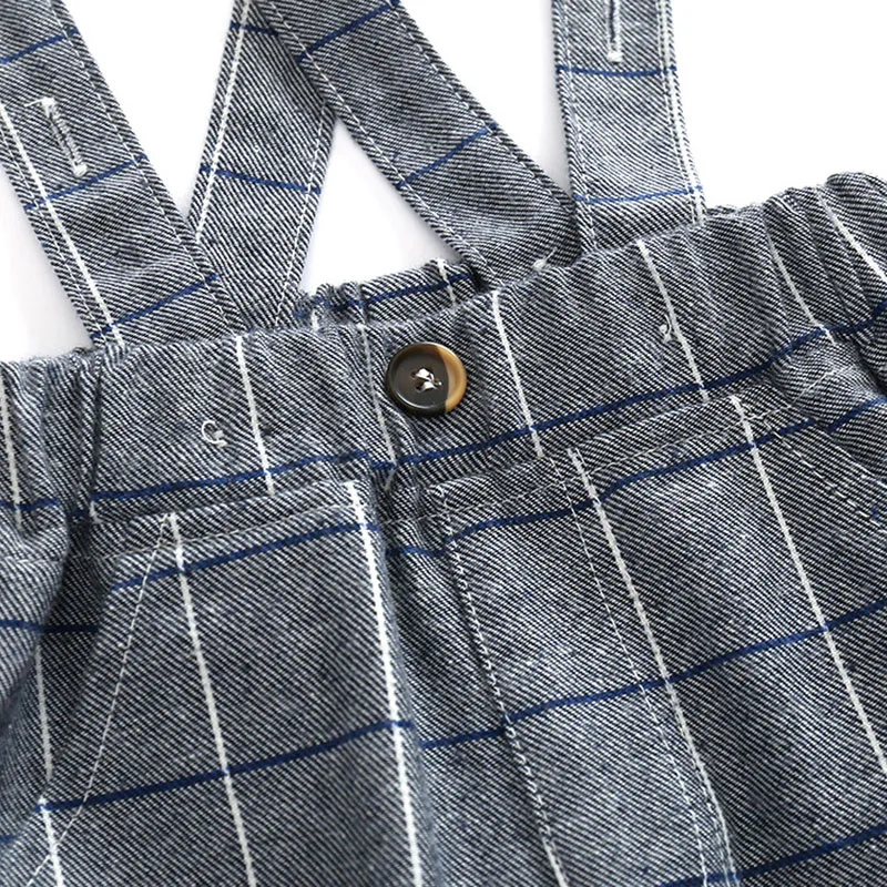 White Collar Shirt Bodysuit with Plaid Suspender Trousers & Bowtie - Image 6