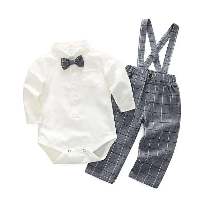 White Collar Shirt Bodysuit with Plaid Suspender Trousers & Bowtie