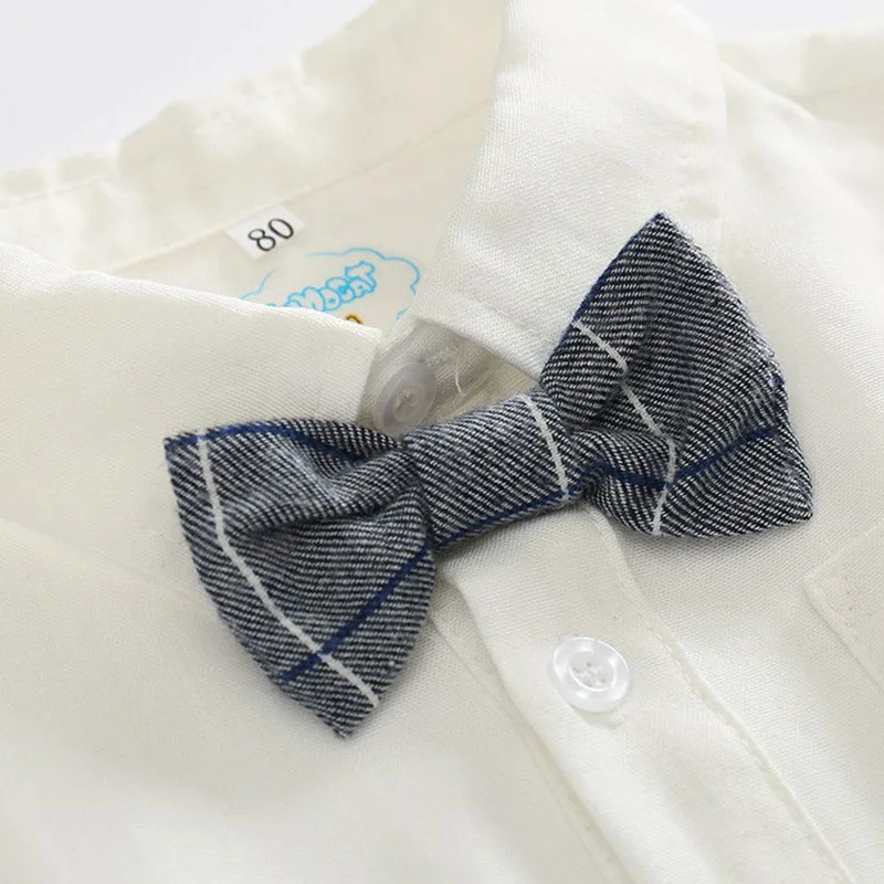 White Collar Shirt Bodysuit with Plaid Suspender Trousers & Bowtie - Image 2