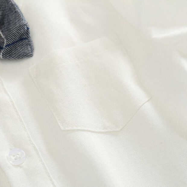 White Collar Shirt Bodysuit with Plaid Suspender Trousers & Bowtie - Image 3