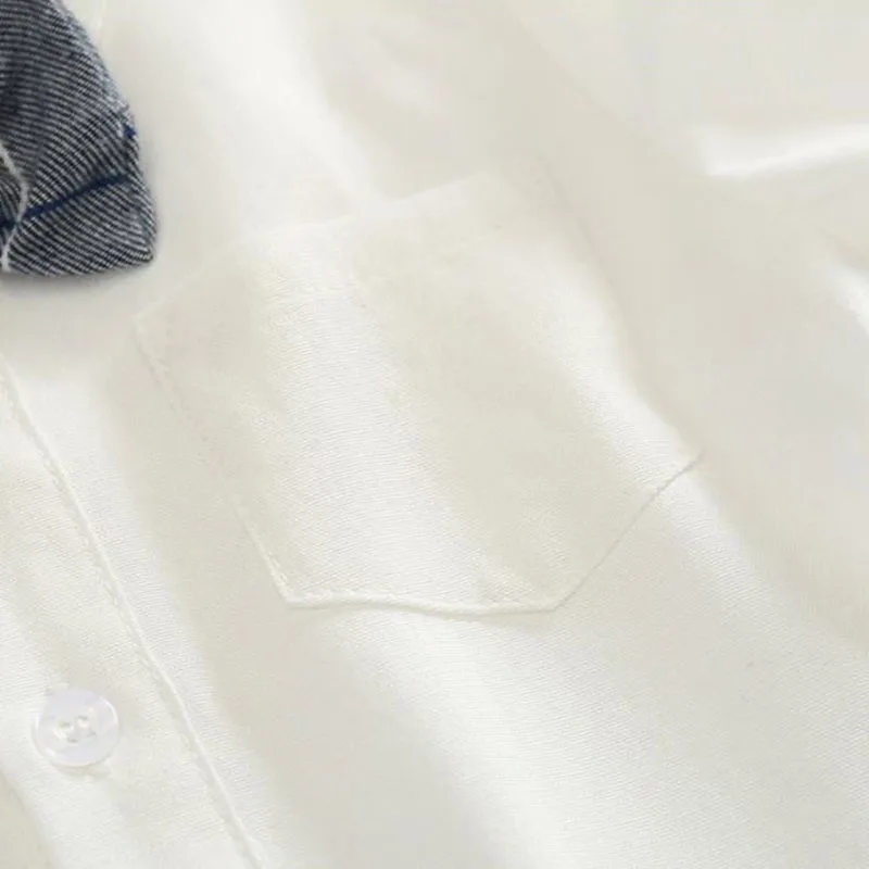 White Collar Shirt Bodysuit with Plaid Suspender Trousers & Bowtie - Image 3