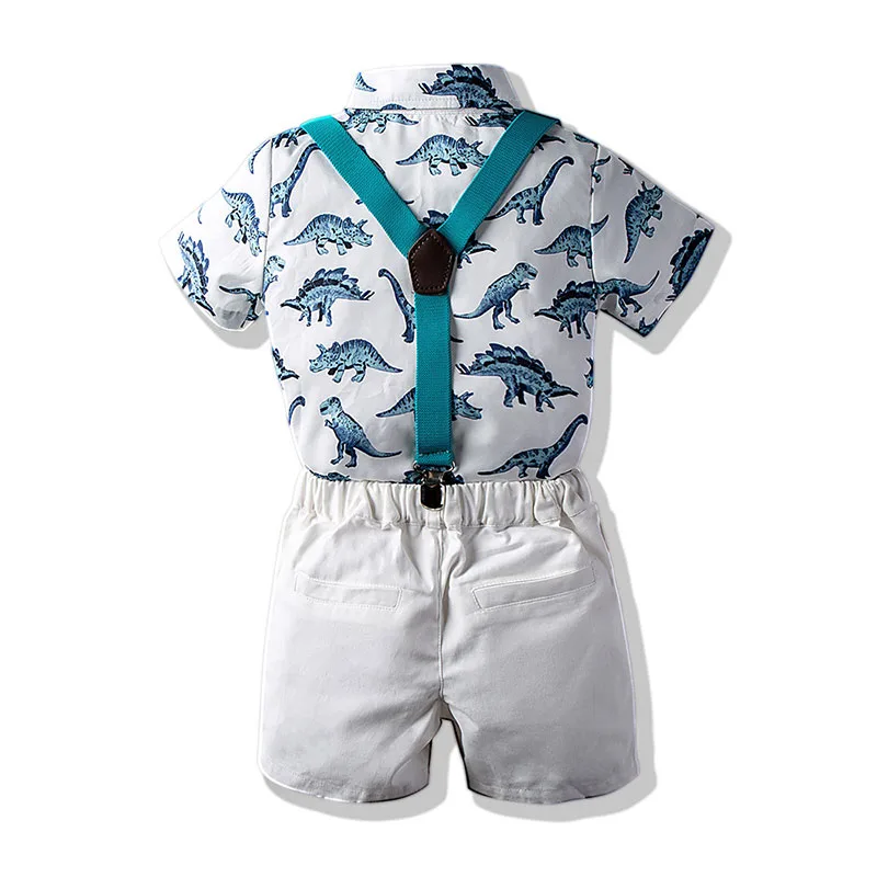 Toddler Dinosaur Print Button Up Shirt & Suspenders Shorts Short Sleeve with Bow Tie - Image 2