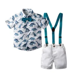 Toddler Dinosaur Print Button Up Shirt & Suspenders Shorts Short Sleeve with Bow Tie