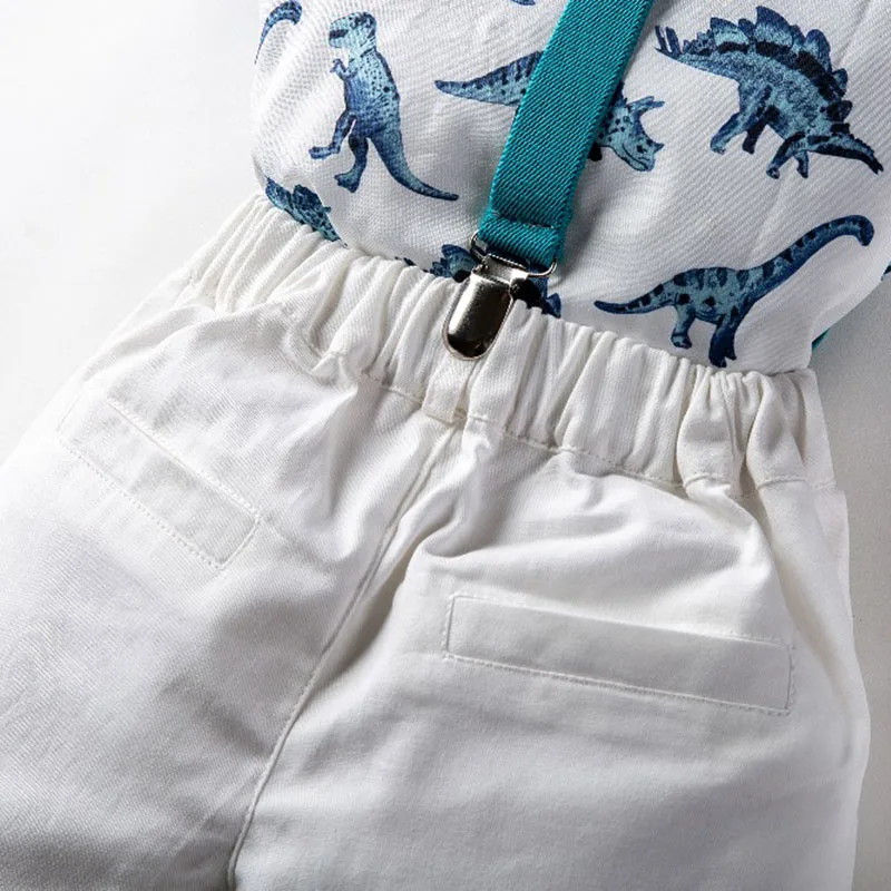 Toddler Dinosaur Print Button Up Shirt & Suspenders Shorts Short Sleeve with Bow Tie - Image 3