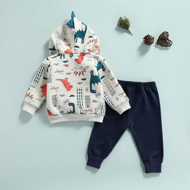 Baby Dinosaur Print Hoodie Zipper Jacket & Pants Outfit