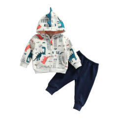Dinosaur Print Hoodie Zipper Jacket & Elastic Pants Long Sleeve Tracksuit