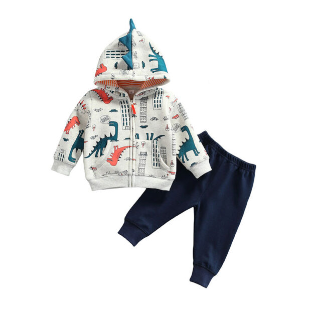 Dinosaur Print Hoodie Zipper Jacket & Elastic Pants Long Sleeve Tracksuit