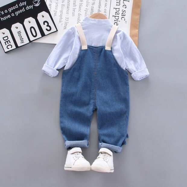 Dinosaur Print Denim Overalls & Mandarin Collar Button Shirt Long Sleeve Outfit - Image 2