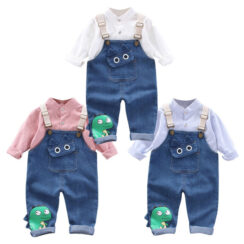 Dinosaur Print Denim Overalls & Mandarin Collar Button Shirt Long Sleeve Outfit