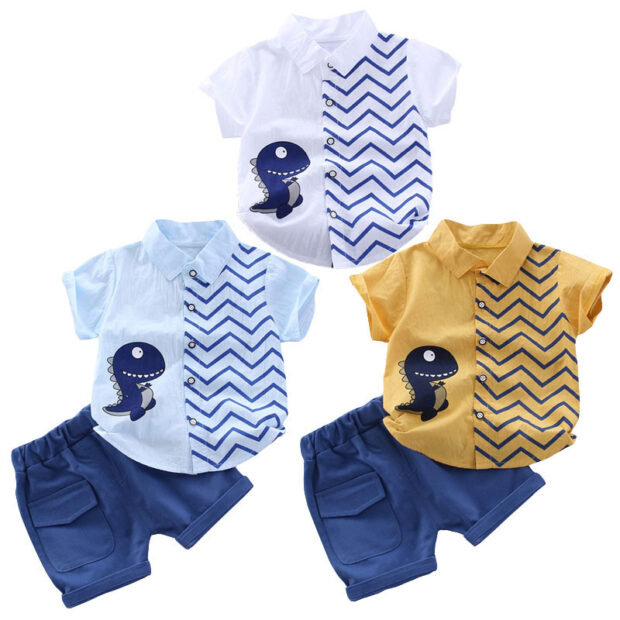 Dinosaur Print Button Up Shirt & Elastic Shorts Short Sleeve Outfit