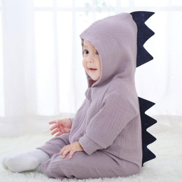 Dinosaur Hoodie Romper Long Sleeve Zip Up - Image 3