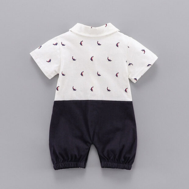 Dolphin Print Polo Suspender Romper with Bow Tie Short Sleeve - Image 2