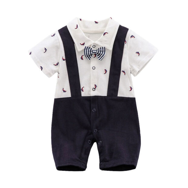 Dolphin Print Polo Suspender Romper with Bow Tie Short Sleeve