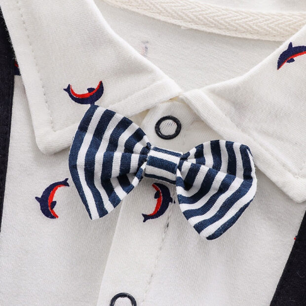 Dolphin Print Polo Suspender Romper with Bow Tie Short Sleeve - Image 3