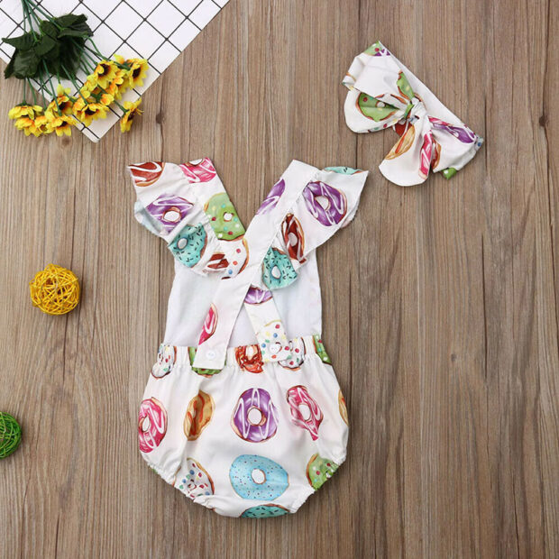 Baby Open Back Donut Print Romper with Headband