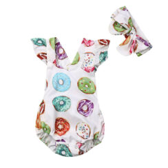 Donut Print Romper Open Back Sleeveless with Ribbon Headband